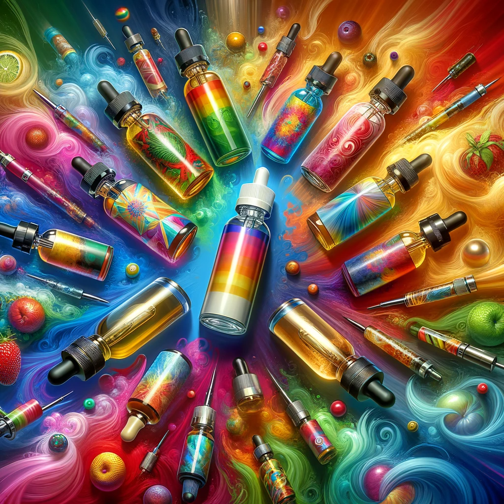 DALL·E 2023 12 22 00.16.38 Vibrant and colorful image of various e liquid bottles with diverse flavors and colors, artistically arranged on a dynamic background symbolizing the
